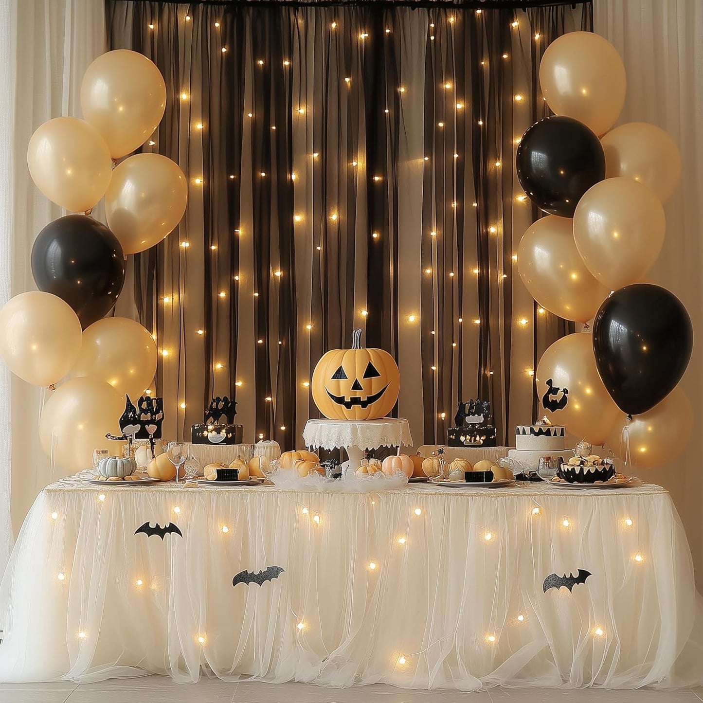 Fomcet Black Tulle Backdrop Curtains with Lights String 10FT X 8FT Sheer Curtain with Lights Tulle Curtains Backdrop for Wedding Birthday Party Baby Shower Photo Shoot (2 Panels 5x8FT)