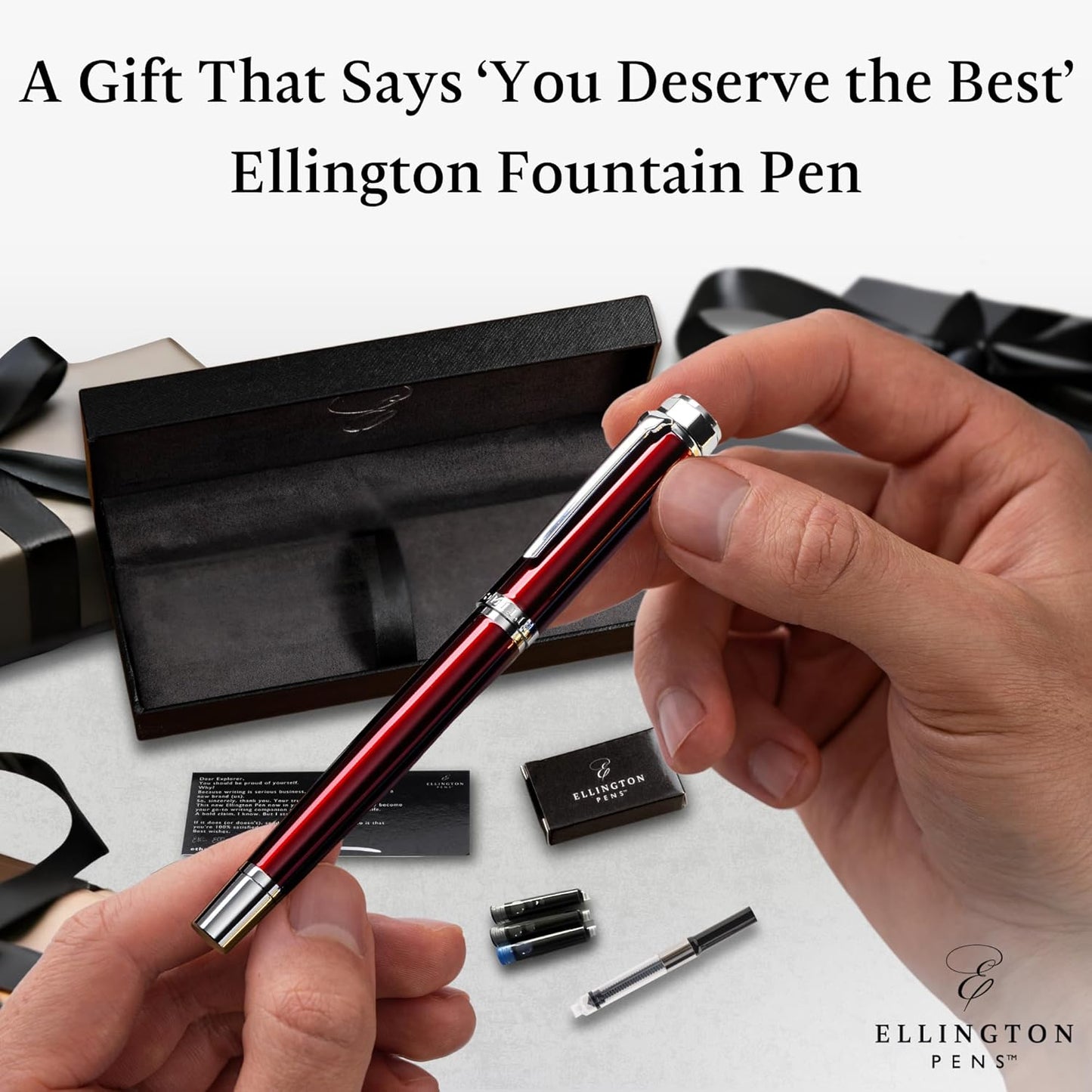Ellington Pens Luxury Fountain Pen Set- Fountain Pens for Writing - Smooth Extra Fine Nib - Includes Refillable Ink Converter, 3 Ink Cartridges [Black & Blue], Gift Box - Elegant Calligraphy