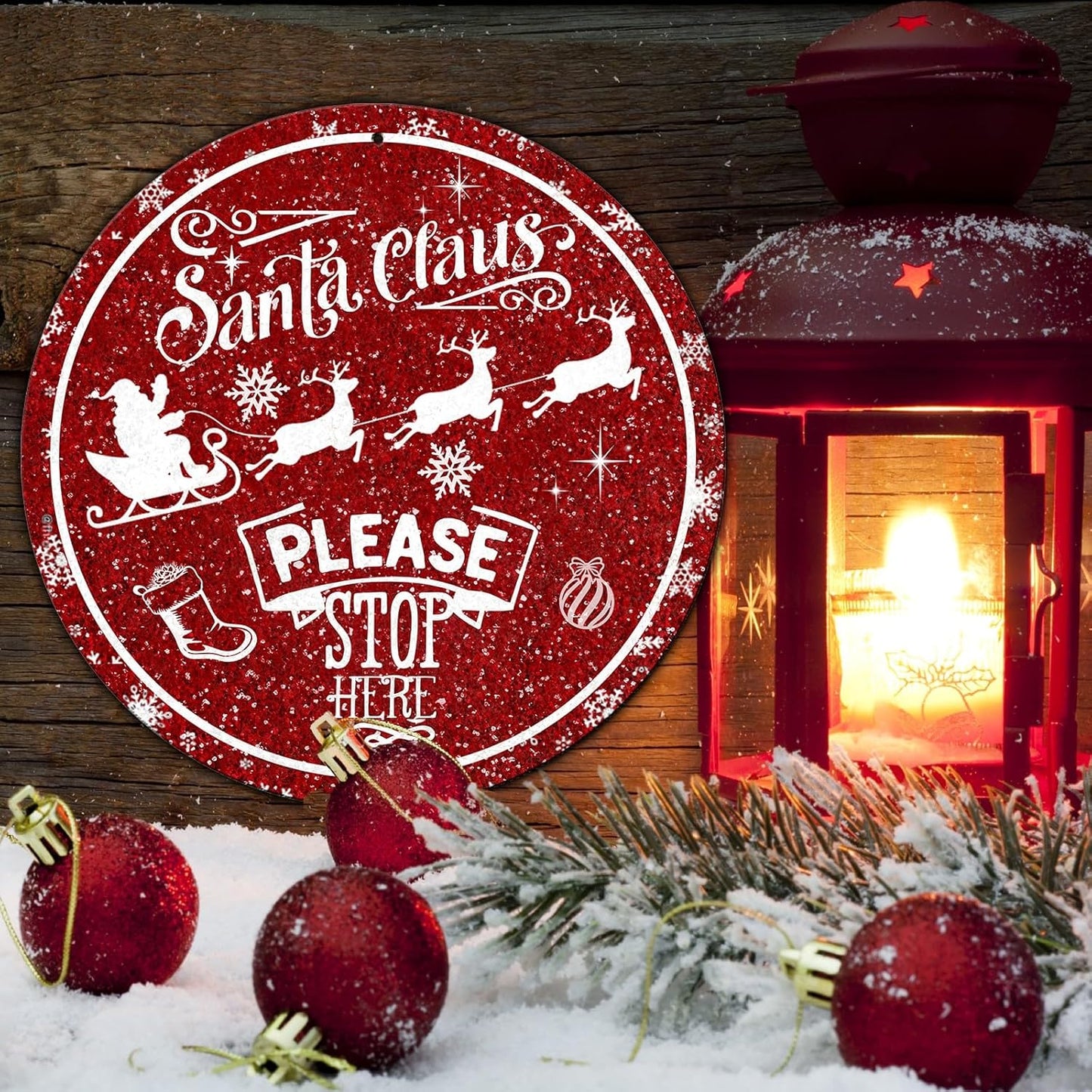 Round Metal Tin Sign - Santa Sleigh Reindeer Vintage Sign - Santa Claus Please Stop Here Sign for Christmas Living Room Bedroom Coffee Bar - 12 * 12 in