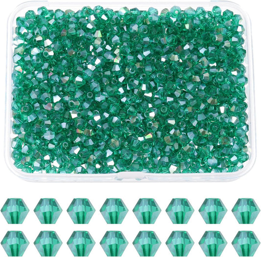 PATIKIL 1000pcs 3mm Bicone Glass Crystal Beads, Faceted Glass Spacer Beads with Box for Jewelry Making Bracelet Necklace Earrings DIY Suncatcher Craft, Green AB