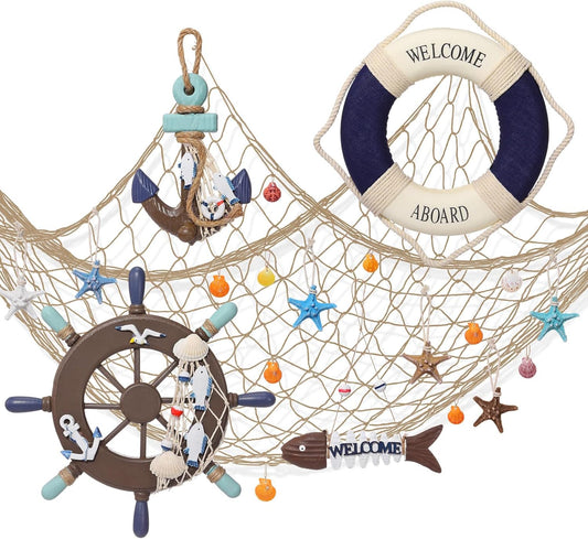 Marsui 11 Pcs Wooden Nautical Wall Decor Fishing Net Decoration, Include Decorative Fishing Net, Ship wheel, Fish Skeleton, Life Ring, Anchor, Starfish Beach Decor for Mediterranean Party (Brown)