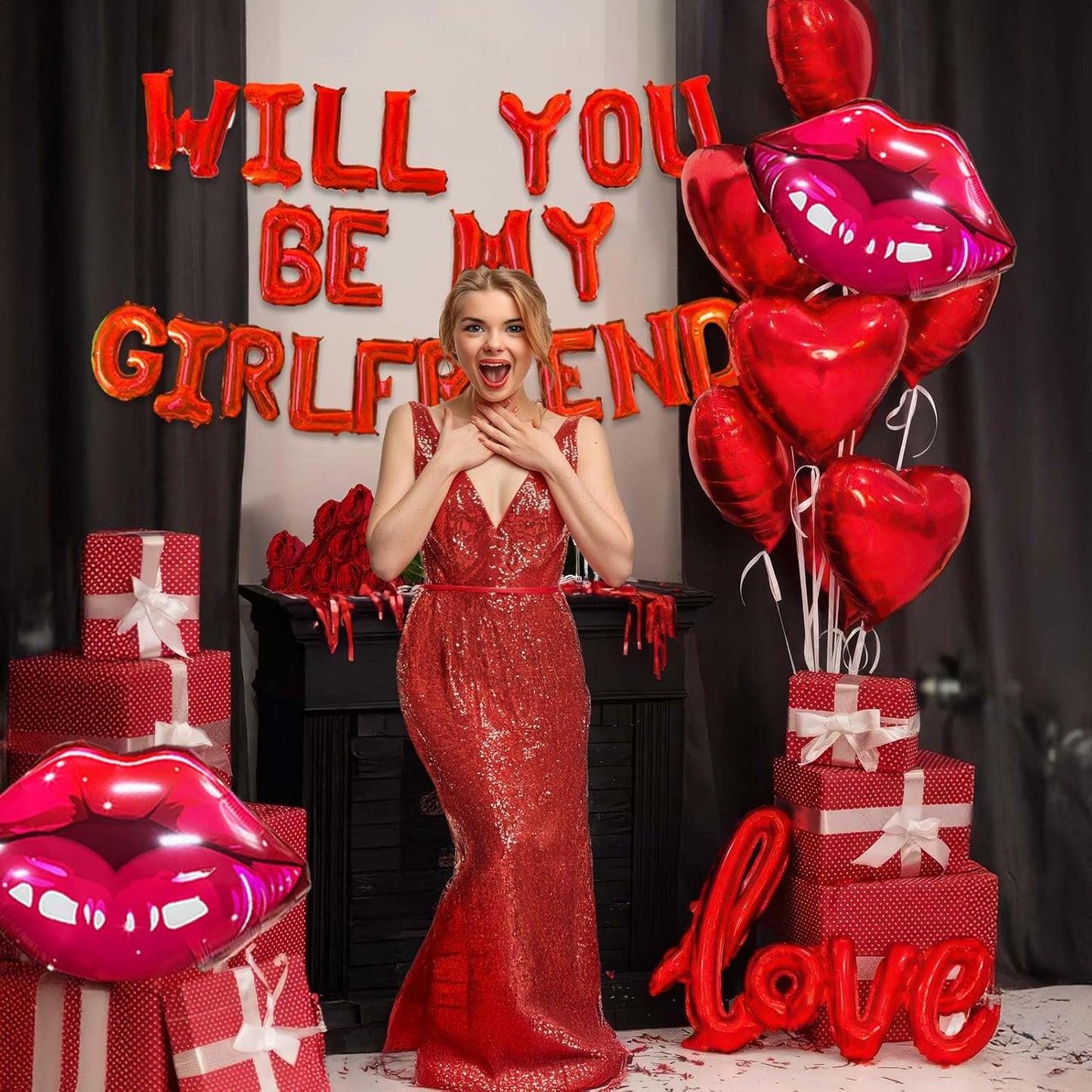 16 Inches Red 'WILL YOU BE MY GIRLFRIEND' Confession Letter Balloons with Heart-Shape, lips, love Foil Balloons and Rose Petals for Romantic Special Night Decorations and Valentines Day