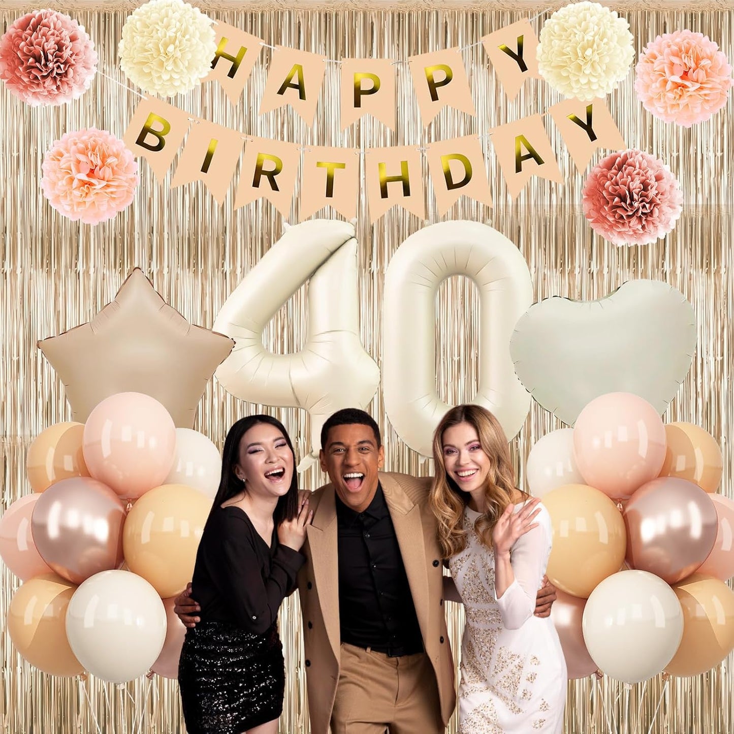 Beige 40th Birthday Decorations for Women Cream Number 40 Balloon Nude Gold Happy Birthday Banner Fringe Curtain Paper Pom Poms Blush White Sand Champagne Star Foil Balloons Neutral Boho Party Decor