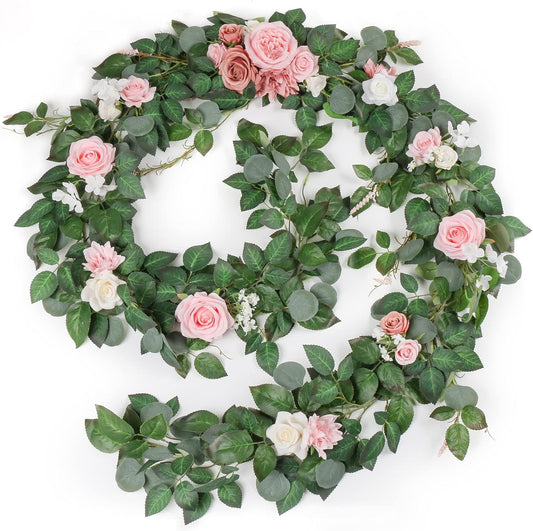 9FT Eucalyptus Garland with Flowers, Artificial Flowers Garland Table Runner Decor Arch Backdrop Head Table Decorations for Wedding Sweetheart Table Centerpieces（Blush Pink）