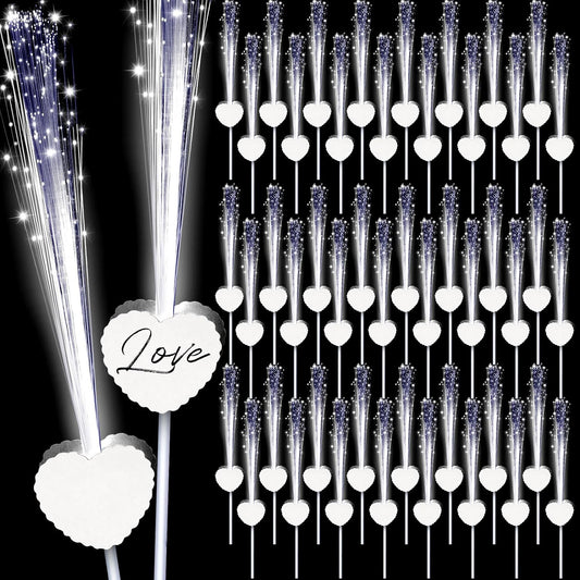 50 Pcs Wedding Sparklers Heart Shaped LED Glow Sticks Fiber Optic Wands Light up Wand with 3 Light Mode for Wedding Bridal Shower Birthday Glow in The Dark Party Supplies (White)
