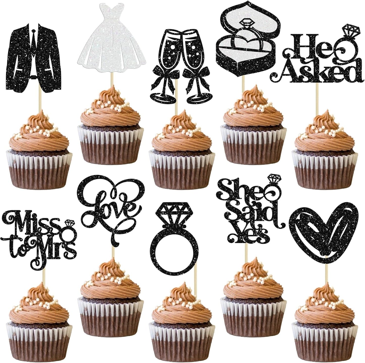 Gyufise 30Pcs She Said Yes Cupcake Toppers Glitter Diamond Ring I Do Love Cupcake Picks Miss to Mrs He Asked Bridal Shower Wedding Engagement Bachelorette Cake Decoration Black