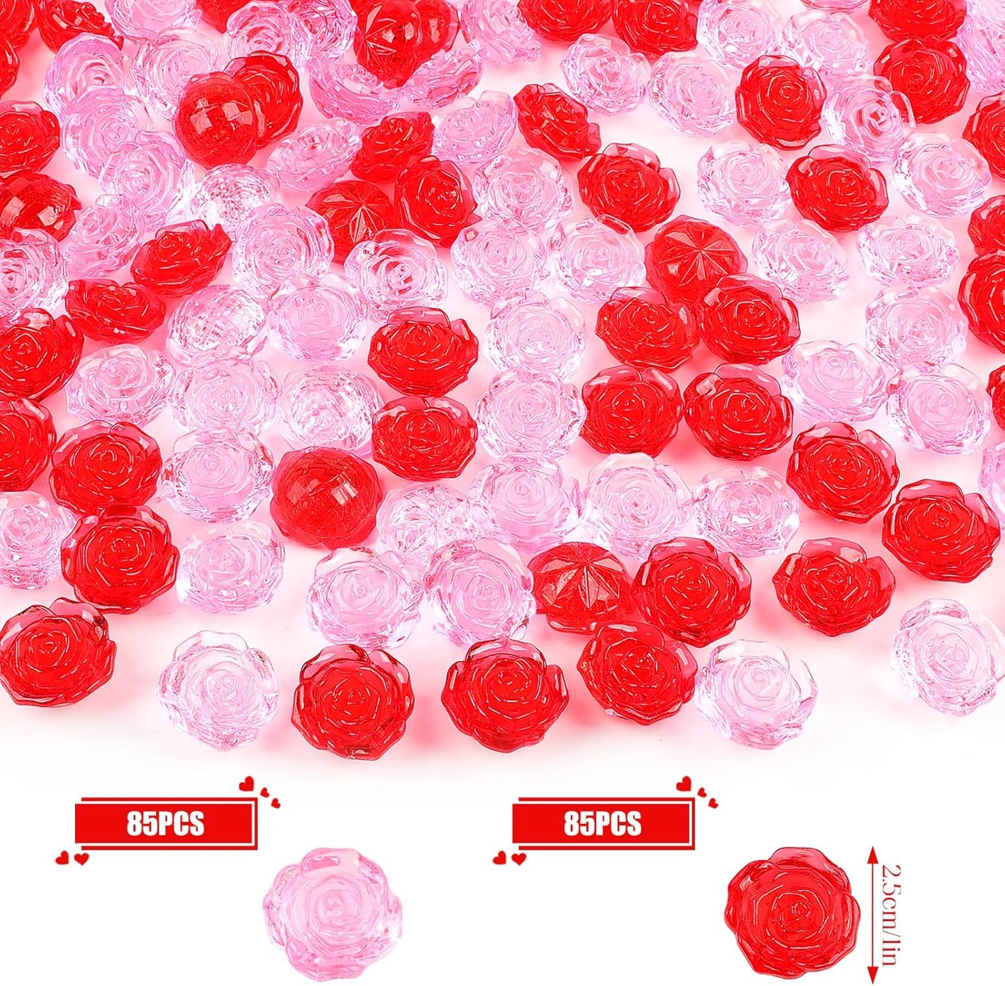Fangoo 210PCS Red Pink Acrylic Rose Ornaments Mini Acrylic Rose Gems for Valentine Vase Filler Decor for Table Scatter Engagement Valentine's Day Wedding Anniversary Party (RedPink-Rose, 12OZ)