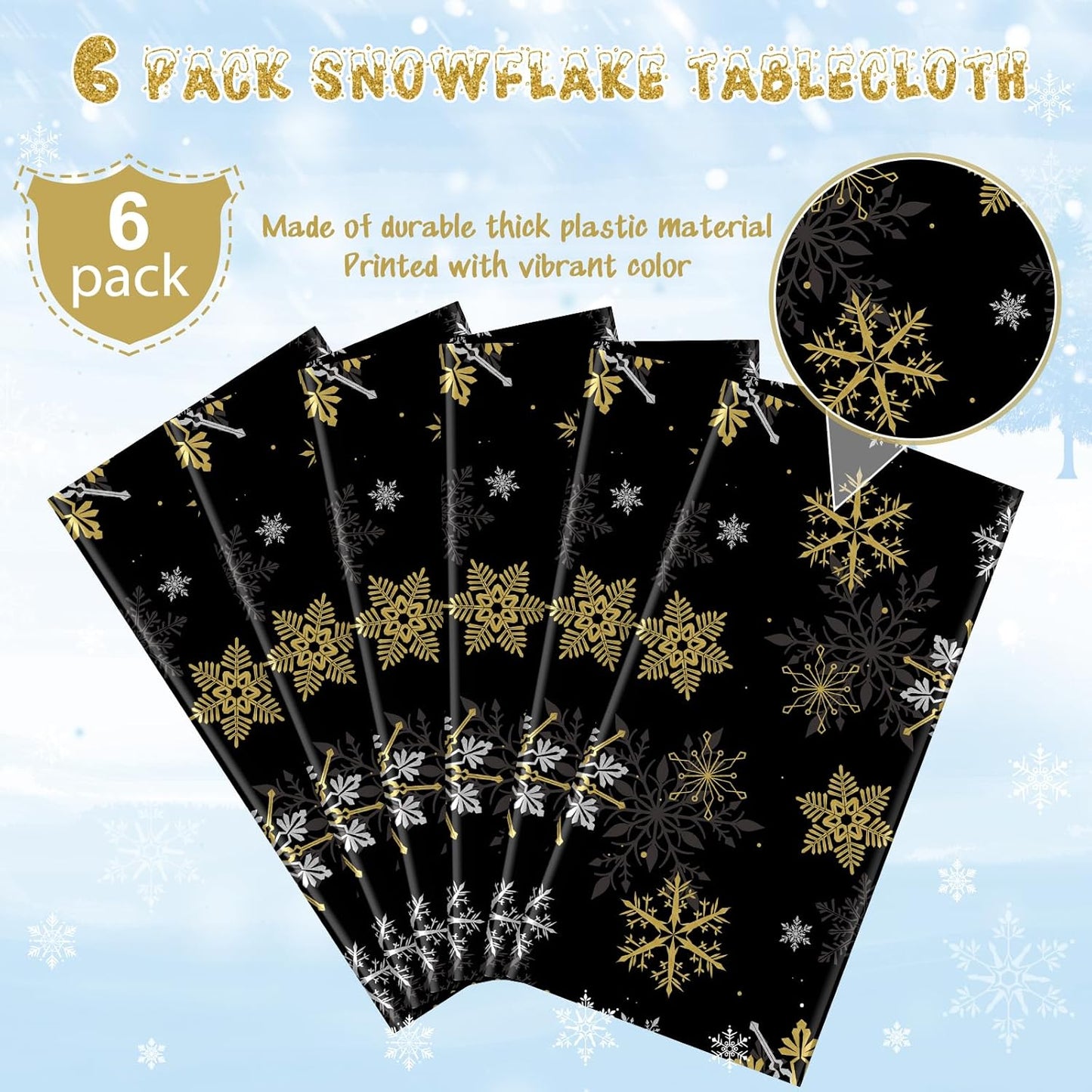 6Pcs Christmas Snowflake Party Tablecloths Decorations,Plastic Black and Gold Table Cloth,Winter Rectangle Table Cover for Christmas New Year Birthday Baby Shower Holiday Party Decorations,54x108 inch