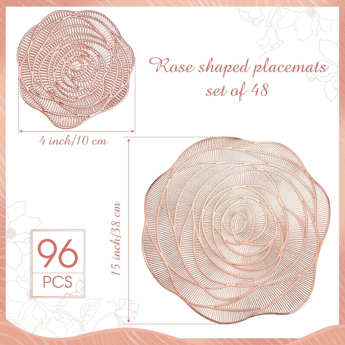 Sieral 48 Set 15 Inch Round Pressed Vinyl Placemats Hollow Out Rose Placemat Set Metallic Slip Resistant Place Mat Coaster Including Place Mats and Coasters for Wedding Dining Kitchen (Rose Gold)