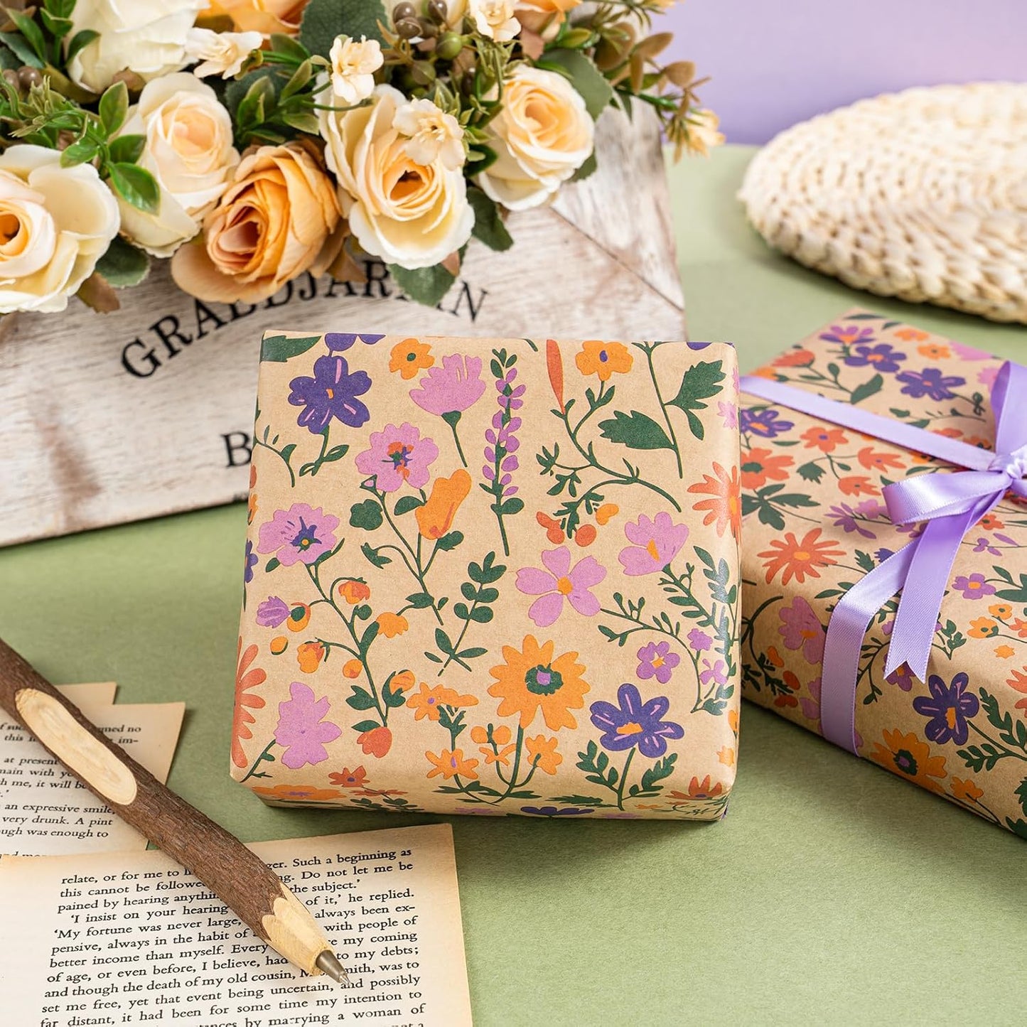 WRAPAHOLIC Kraft Floral Wrapping Paper Roll - Mini Roll - 17 Inch x 16.5 Feet - Vintage Flower Wrapping Paper, Perfect for Wedding, Birthday, Bridal Shower, Tea Party