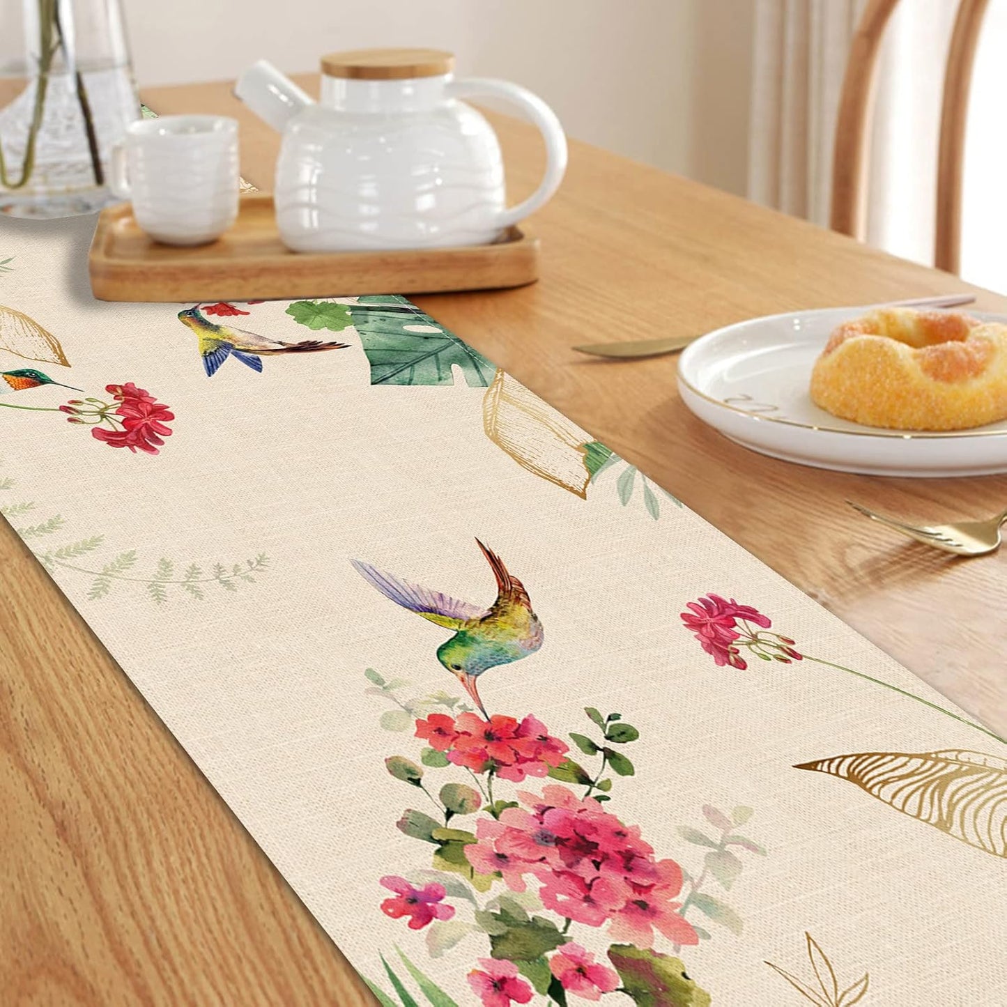 Seliem Summer Tropical Hummingbird Palm Leaf Greenery Table Runner, Spring Birds Home Kitchen Monstera Geranium Flowers Dining Decor, Seasonal Burlap Decorations Anniversary Party Supply 13 x 90 Inch