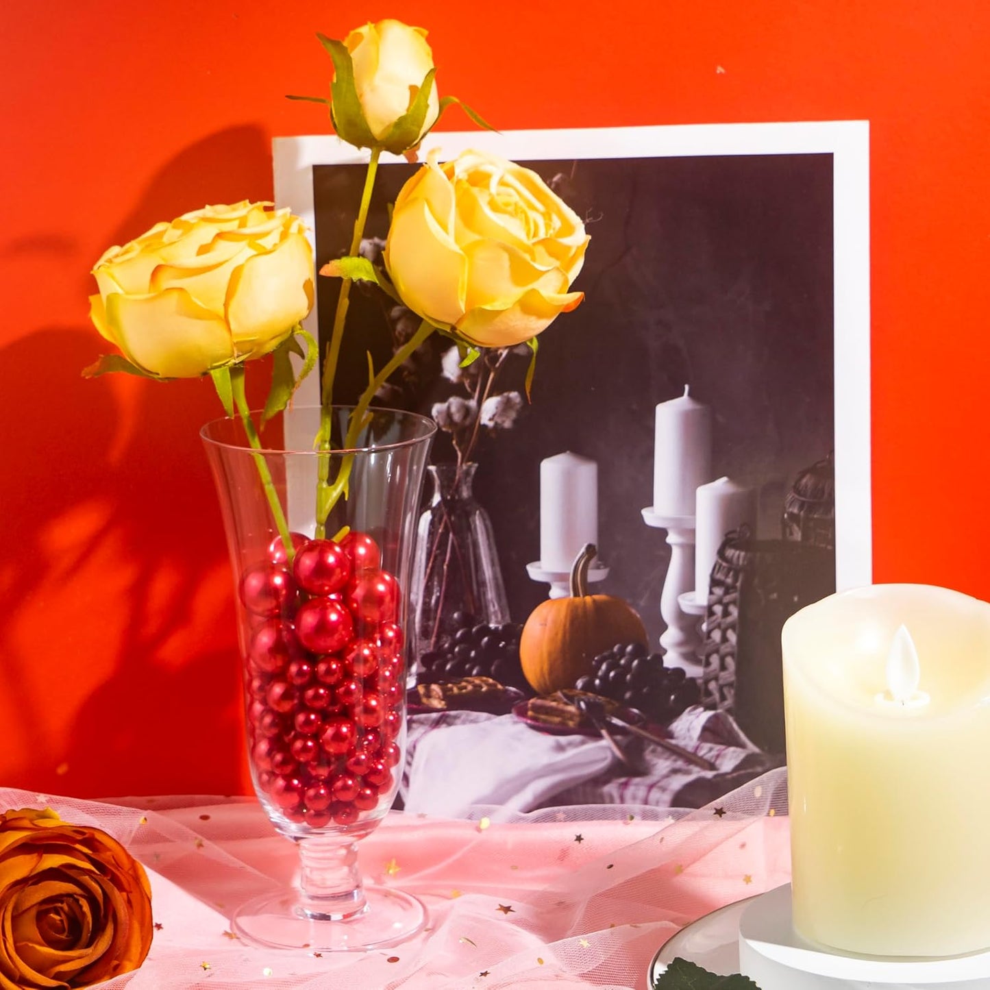 150Pcs Red Polished No Hole Faux Pearl Beads for Vase Filling Decorations, Plastic Pearls Vase Fillers, Table Scatters, Wedding Centerpiece, Home Decor, 8/14/20 mm