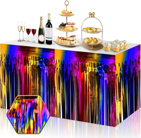 3 Pack 29x108 Inch Rainbow Foil Fringe Table Skirts Metallic Banner for Tinsel Streamer Garland Backdrop for Parade Floats Wedding Thanksgiving Birthday Christmas Halloween Party Decoration