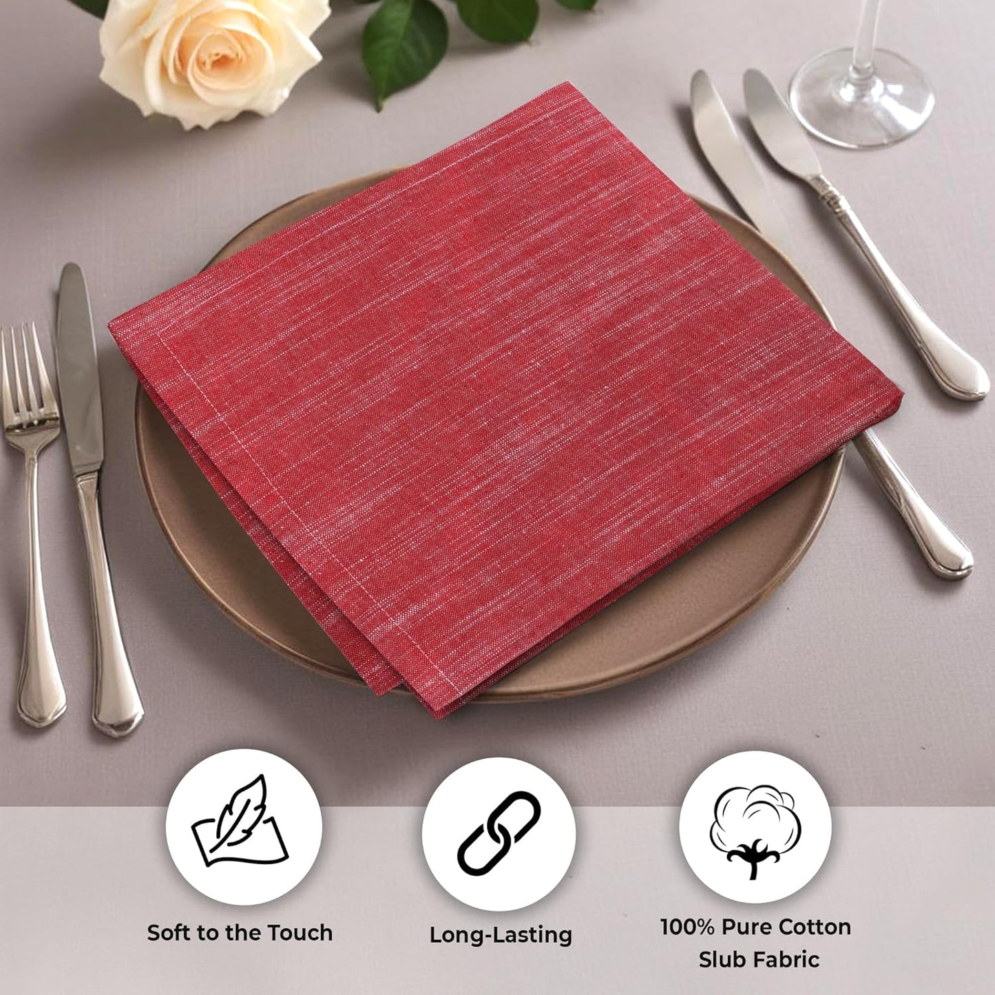 Urban Villa Dinner Napkins Red White Chambray Cloth Napkins (Set of 12) Oversized 20x20 Inches 100% Cotton Slub Premium Quality Soft Durable Mitered Corners Reusable Washable Everyday Use Napkins