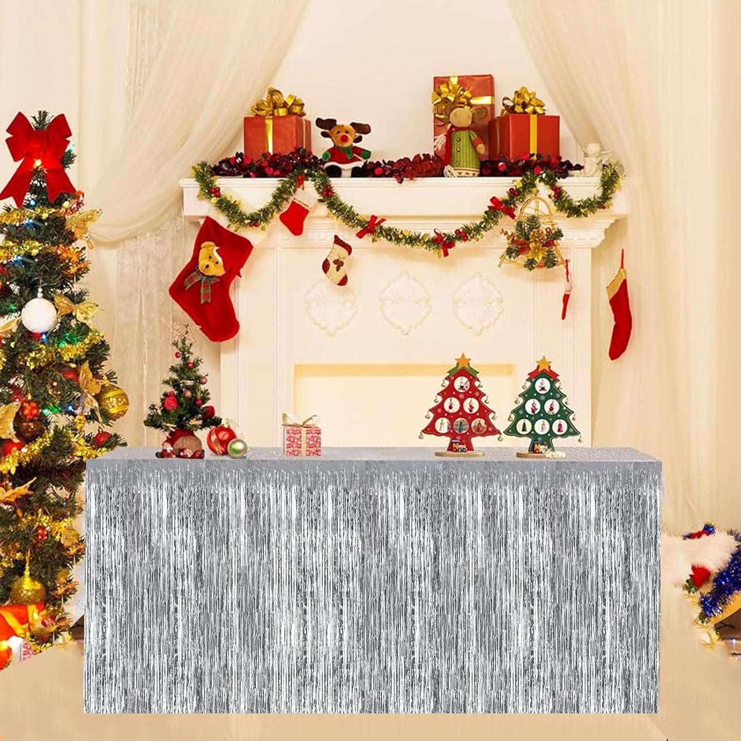BEISHIDA 2 Pack Silver Table Skirts Party Decorations Metallic Tinsel Foil Fringe Table Skirts Table Decors for Rectangle and Round Table Birthday Holiday Party Cartoon Party