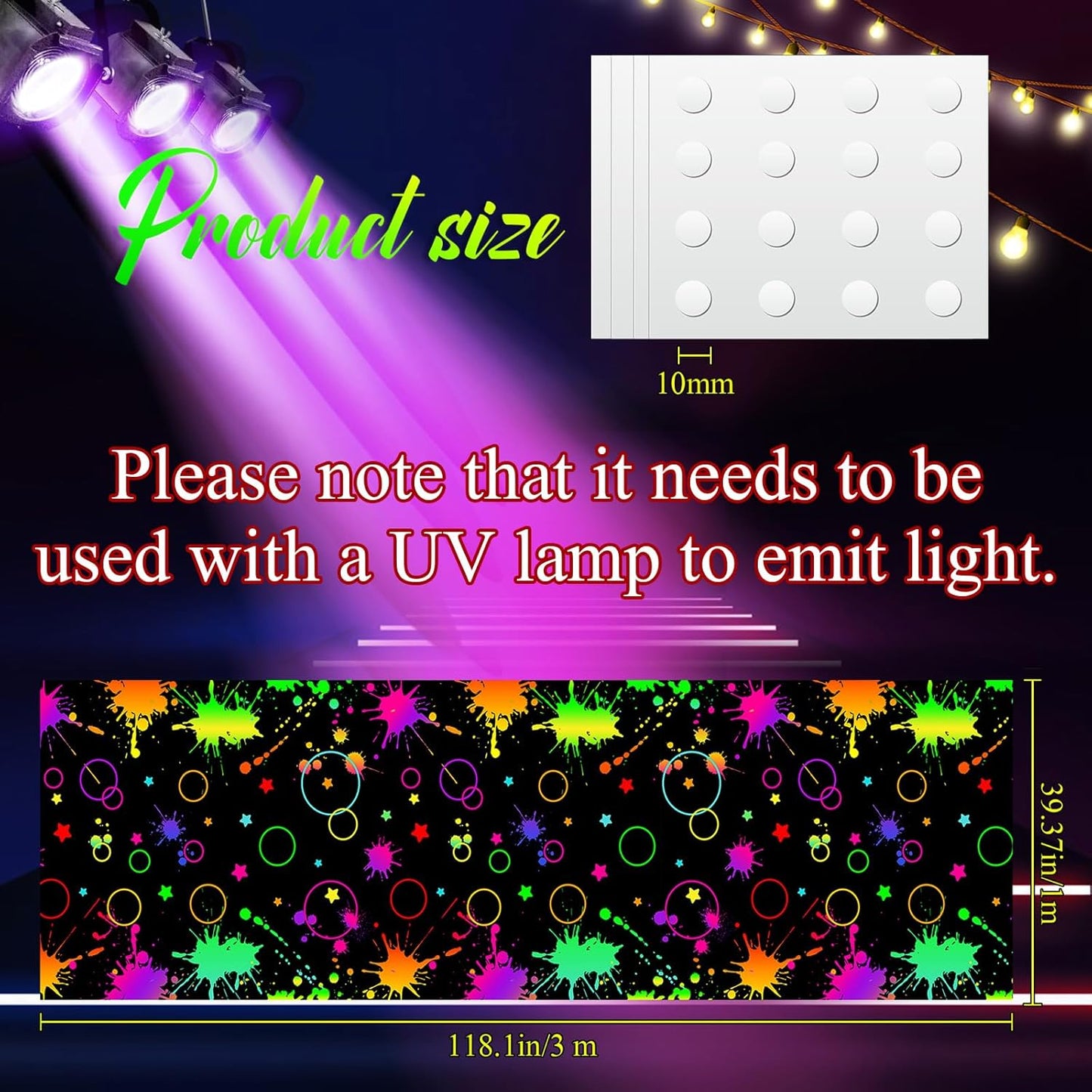 Haull 118 x 39 Inch Neon Light up Dance Floor Glow in The Dark Runner UV Reactive Blacklight Floor Aisle Runner Decor Wall Props for 80s 90s Neon Birthday Party Decorations(Gradient Ink)