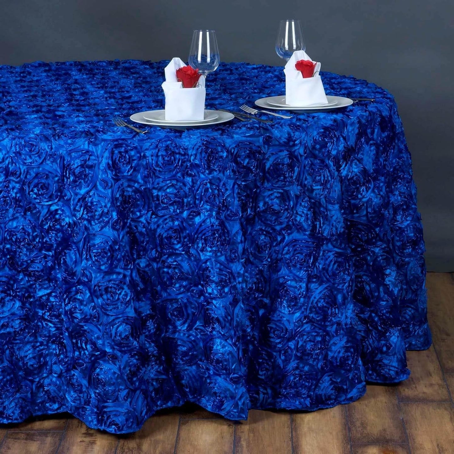 Efavormart 132" Wholesale Round Table Cover Royal Blue Grandiose Rosette 3D Satin Tablecloth for Wedding Party Event Decoration
