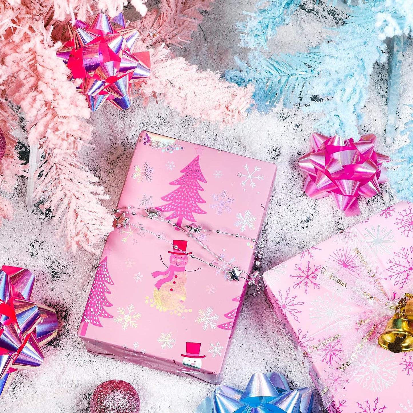 LeZakaa Christmas Pink Wrapping Paper Mini Roll, Snowman Christmas Tree & Snowflake Metallic Foil, Rose Gold Foil Reversible Design for Festive Winter Holiday, Family Gathering, 17 inches x 32.8 Feet