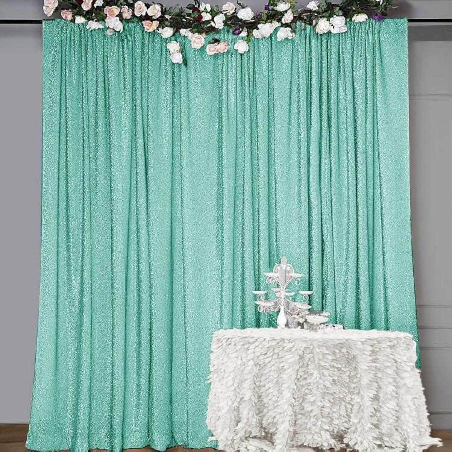 10FT x10FT Aqua Blue Metallic Sheer Spandex Backdrop, 1 Panel Glitter Sheer Photography Background, Stretchy Spandex Fabric for Wedding, Party, Baby Shower, Photo Booth Decor