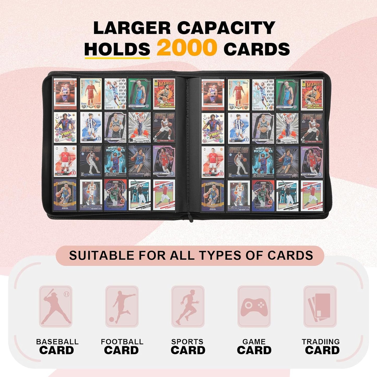 20-Pocket Card Binder, Trading Card Binder Holds 2000 Cards, Premium Zippered Trading Card Album Compatible with TCG, Game & Sports Cards (Ivory White)