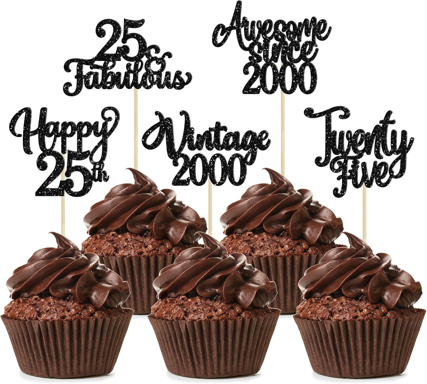 30Pcs Happy 25th Birthday Cupcake Toppers Glitter Awesome Since 2000 Twenty-Five 25 Fabulous Vintage 2000 Cupcake Picks for 25th Birthday Anniversary Retirement Party Cake Decorations Supplies Black