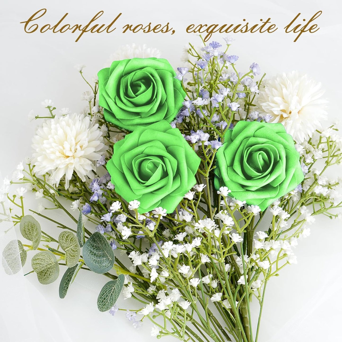BLEUM CADE 16Pcs Artificial Flowers Fake Roses with Stems, Bright Green Boxed Foam Roses for DIY Bouquets Centerpieces Wedding Party Arrangement Bridal Shower Decor
