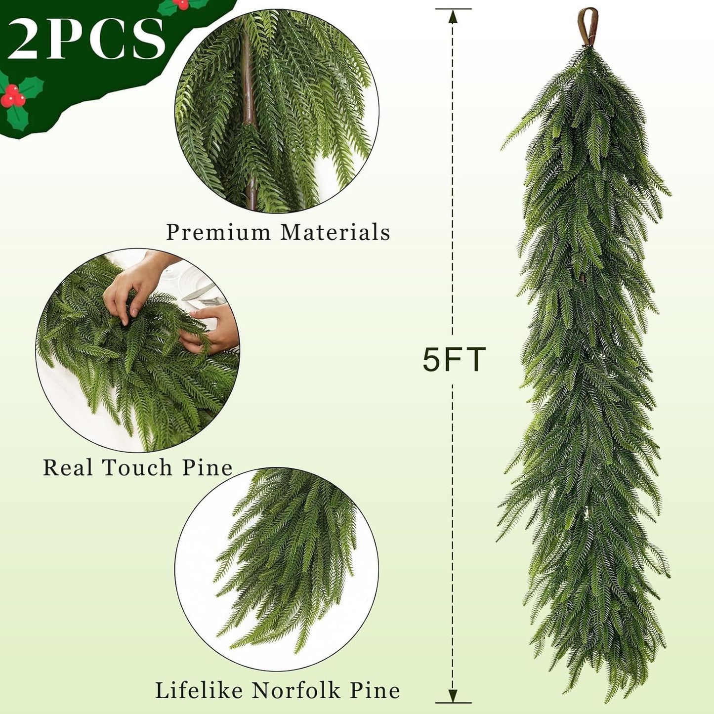 5FT Christmas Norfolk Pine Garland -2PCS, Artificial Pine Needles Garlands Faux Greenery Fake Garland for Holiday Fireplace,Table,Window,Stairs,Mante,Indoor Outdoor Decor