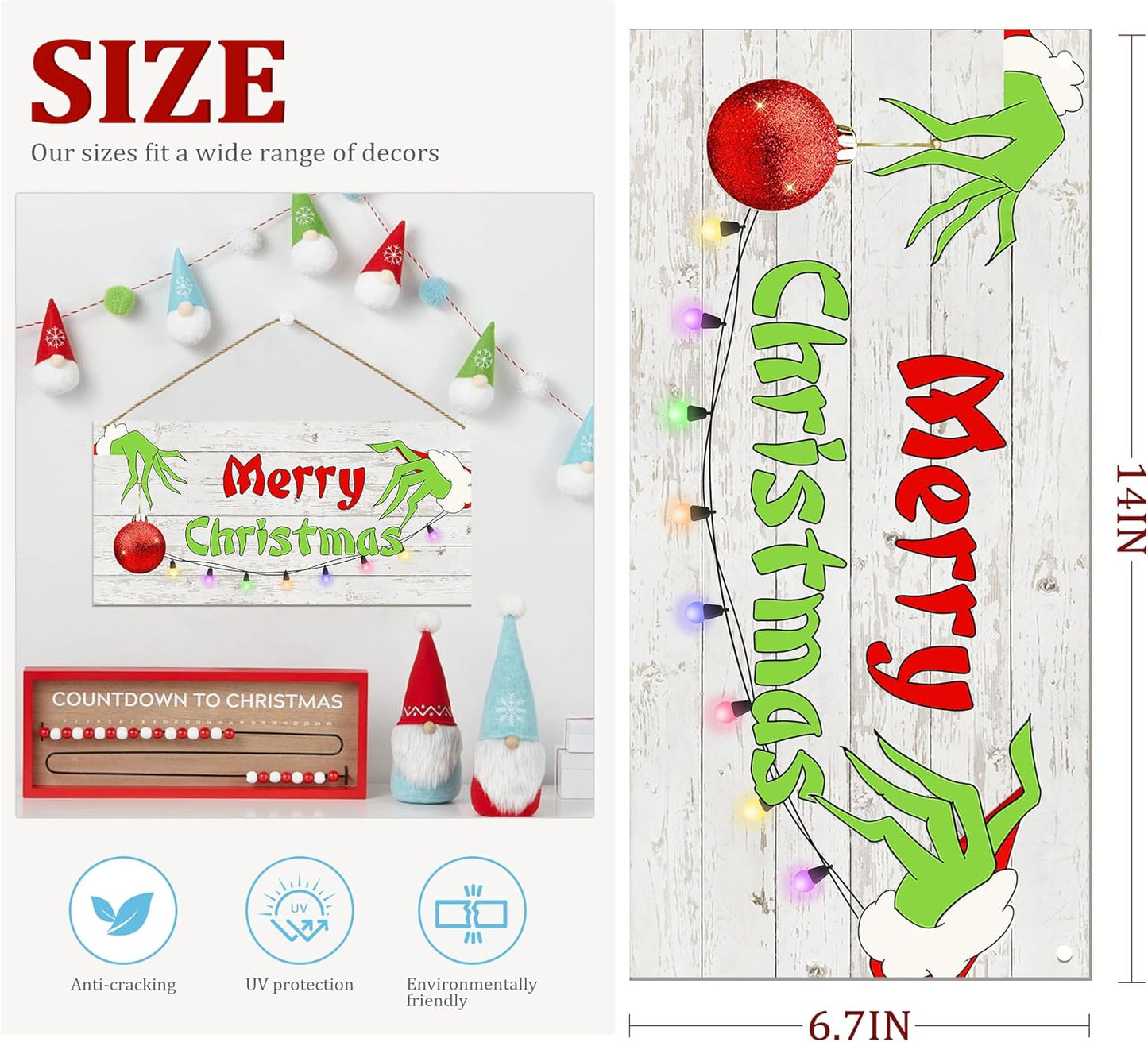 Merry Christmas Hanging Door Sign, Crazy Funny Green Festive Wooden Wall Welcome Decor Winter Farmhouse Style Outdoor Indoor Xmas Tree Ornaments for Home Office Holiday Party