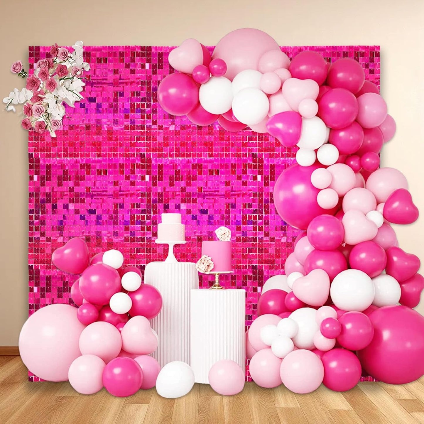 24PCS Fuchsia Shimmer Wall Backdrop, Laser Square Sequin Photo Backdrops Panel, Glitter Wall Background for Birthdays, Weddings, Christmas, Engagements, Disco Bachelorette Party Decoration (4FTx6FT)