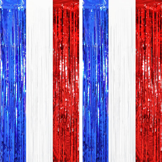 2 Pack Red White and Blue Tinsel Foil Fringe Curtains, 4th of July Decorations, Metallic Tinsel Party Streamers Backdrop for Patriotic, Memorial Day, Independence Day Party Decorations