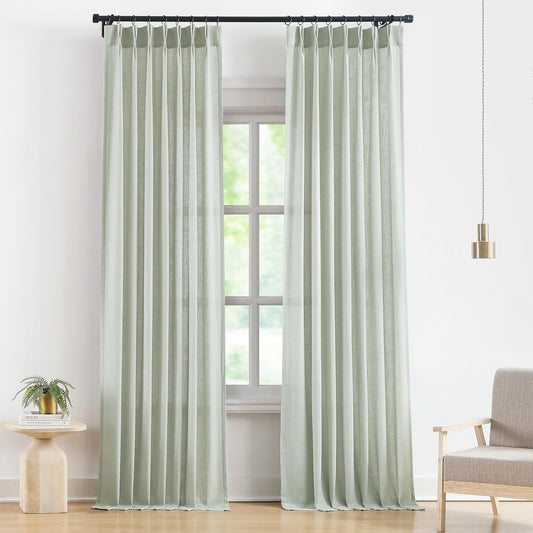 Vision Home Soft Green Pinch Pleated Semi Sheer Curtains Textured Linen Blended Light Filtering Window Curtains 102 inch for Living Room Bedroom Pinch Pleat Drapes with Hooks 2 Panels 40" Wx102 L