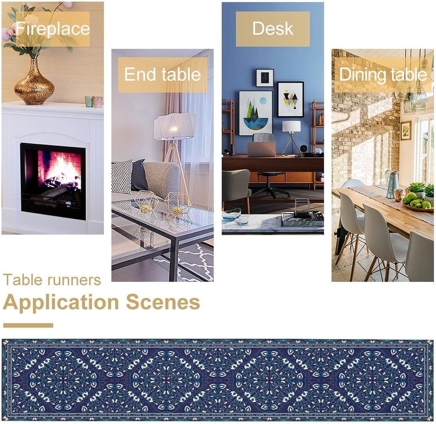 Boho Floral Vintage Table Runner, Retro Morris Abstract Blue Flower Rustic Country Farmhouse Pattern for Home Kitchen Table Decor Dining Coffee Room Wedding Party Decor 13x108in