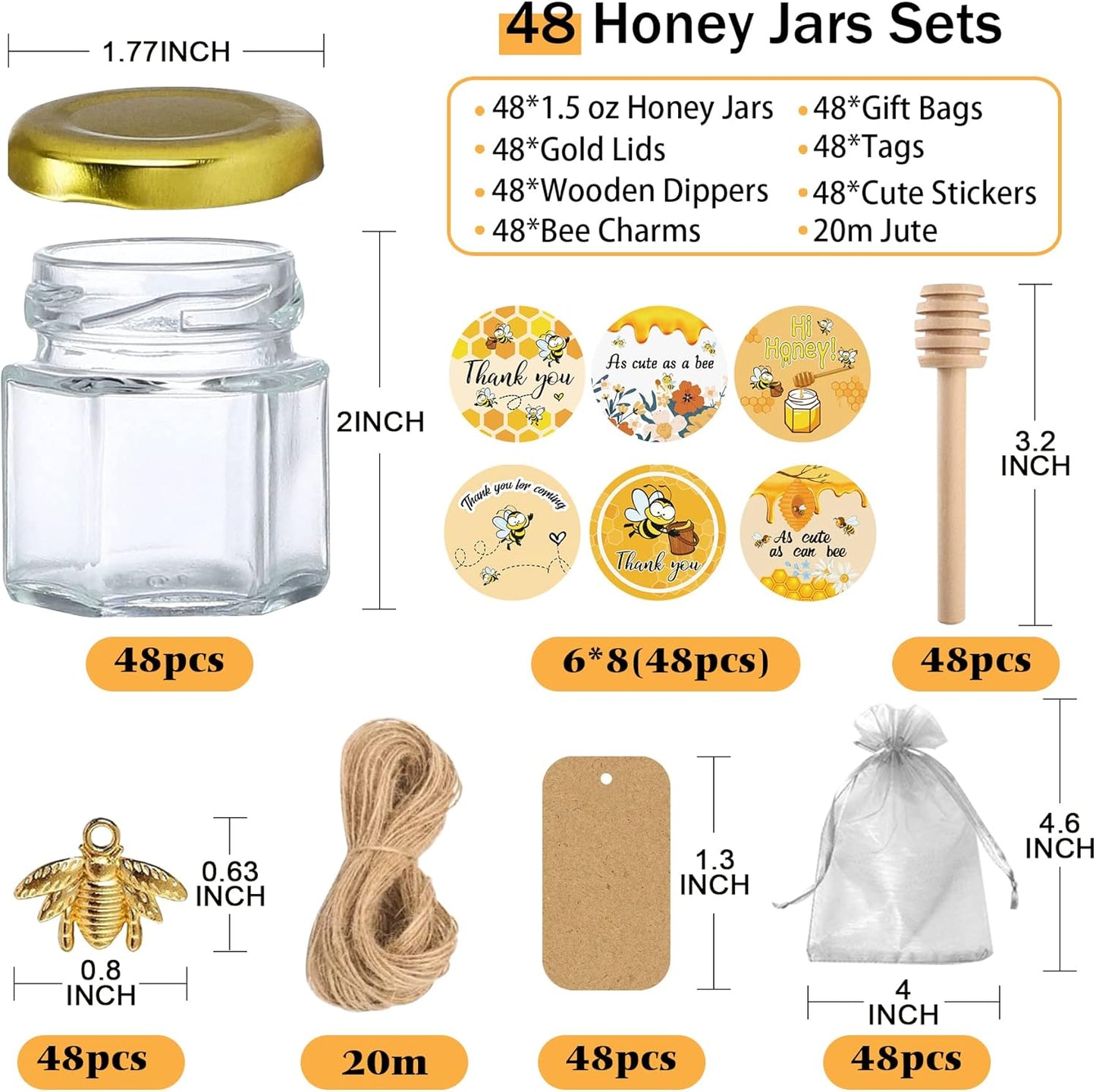 Aliggbent 48 Pack Mini Honey Jars Party Favors in Bulk, 1.5 oz Small Hexagon Glass Honey Jars with Dippers, Lids, Cute Stickers, Bee Charms, Gift Bags and Jute for Baby Showers, Weddings & Birthdays
