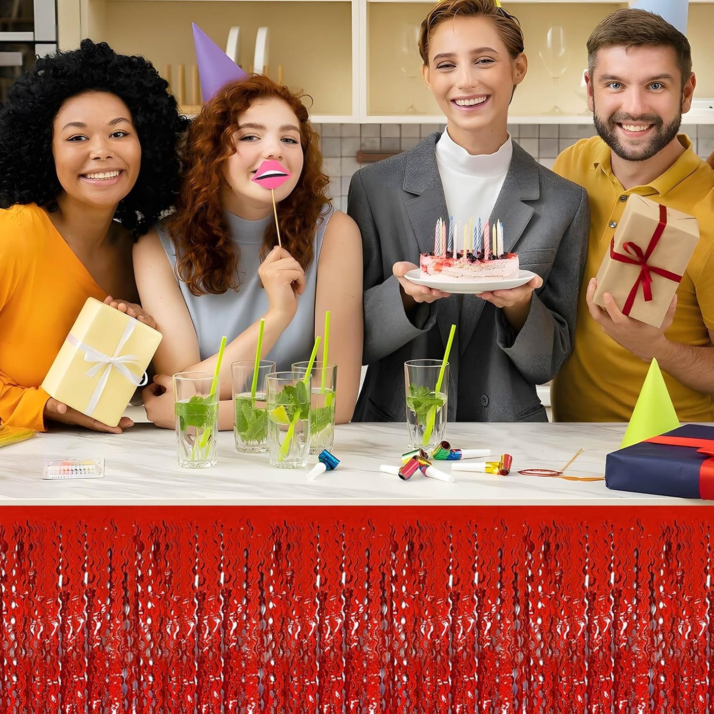 6 Pack 29x108 Inch Red Wave Foil Fringe Table Skirts Metallic Banner for Tinsel Streamer Garland Backdrop for Parade Floats Wedding, Mother's Day, Birthday Mardi Gras Party Decorations