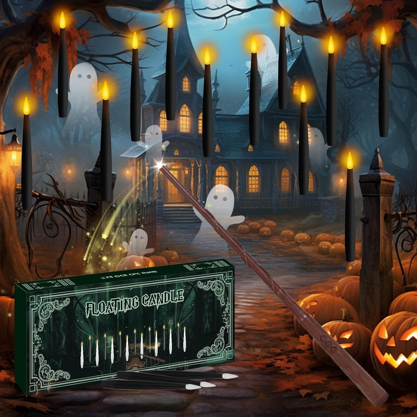 NURADA Floating Candles with Wand Remote Timer - Magic LED Hanging Flameless Taper Candles Flickering Battery Operated for Halloween Birthday Theme Party Holiday Home Window Decor - Black 12 Pack