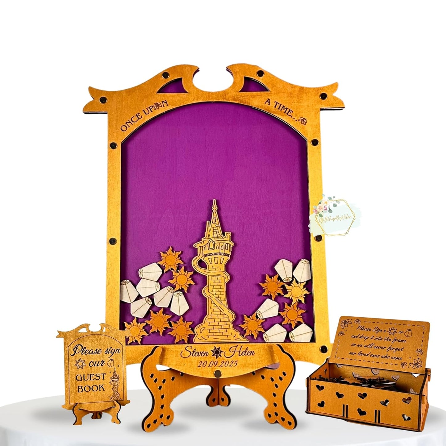 Tangled Guest Book Wedding Alternative | Gold Princess Tower Guestbook | Personalized Wooden Drop Box Keepsake for Fairytale Weddings