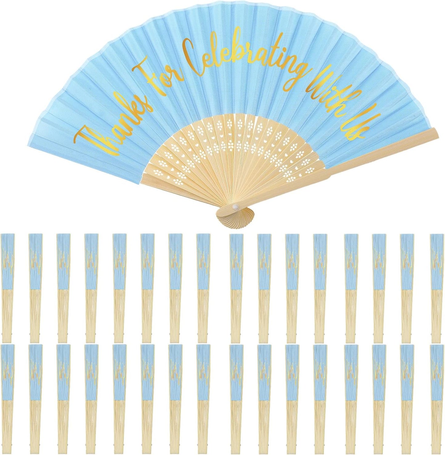 Jetec 50 Pcs Wedding Fans for Guests Bulk Silk Hand Fans Handheld Folded Thank You for Celebrating with Us Wedding Favors for Bridal Bridesmaid Baby Shower Dancing Party Church Gift(Blue)