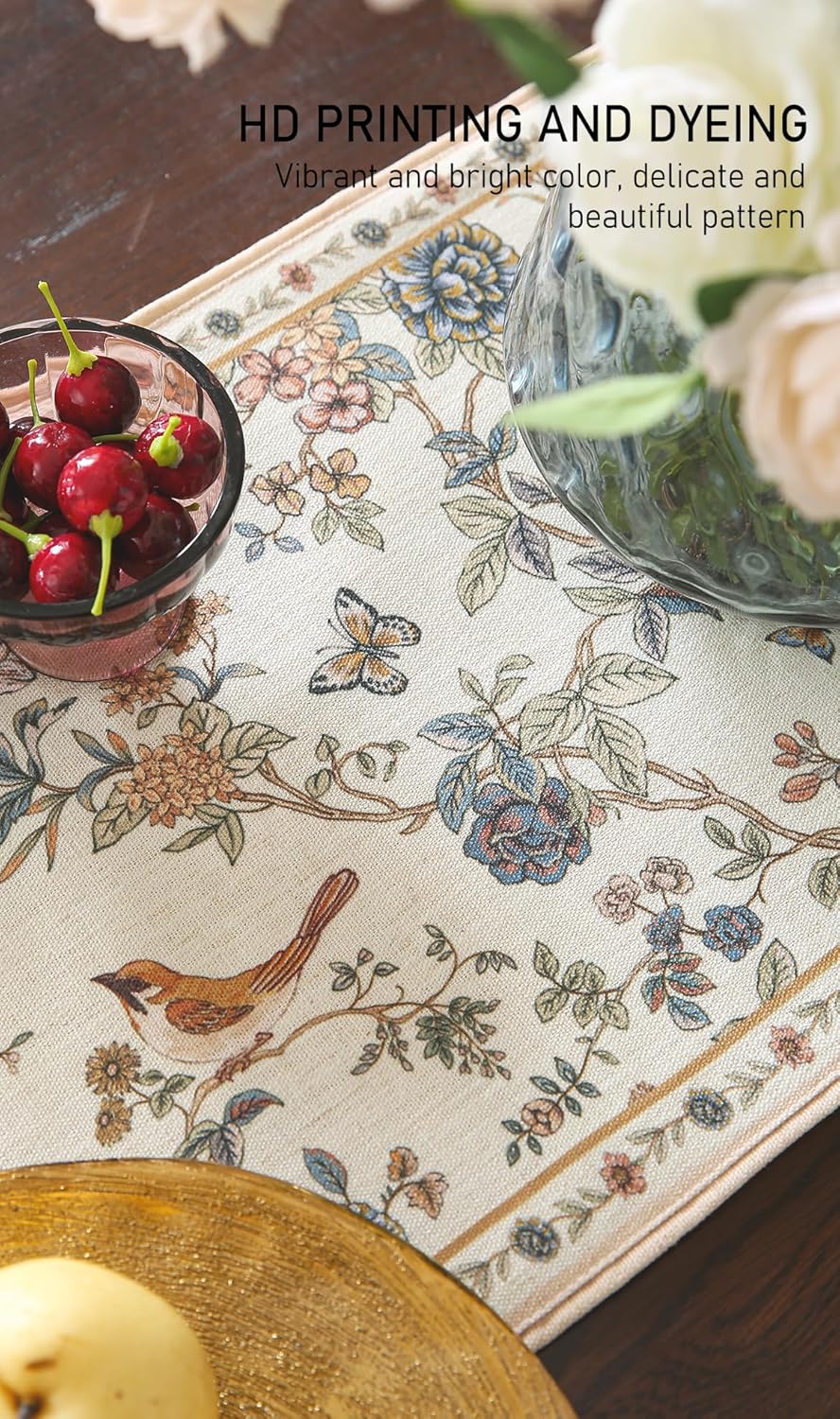 ISAENNE Designer Linen Table Runner 102 Inches Long,Elegant Floral Bird Pattern Table Runners for Dining Room,Farmhouse Rustic Kitchen Decor,Thanksgiving,Christmas,12"*102"-Cornucopia