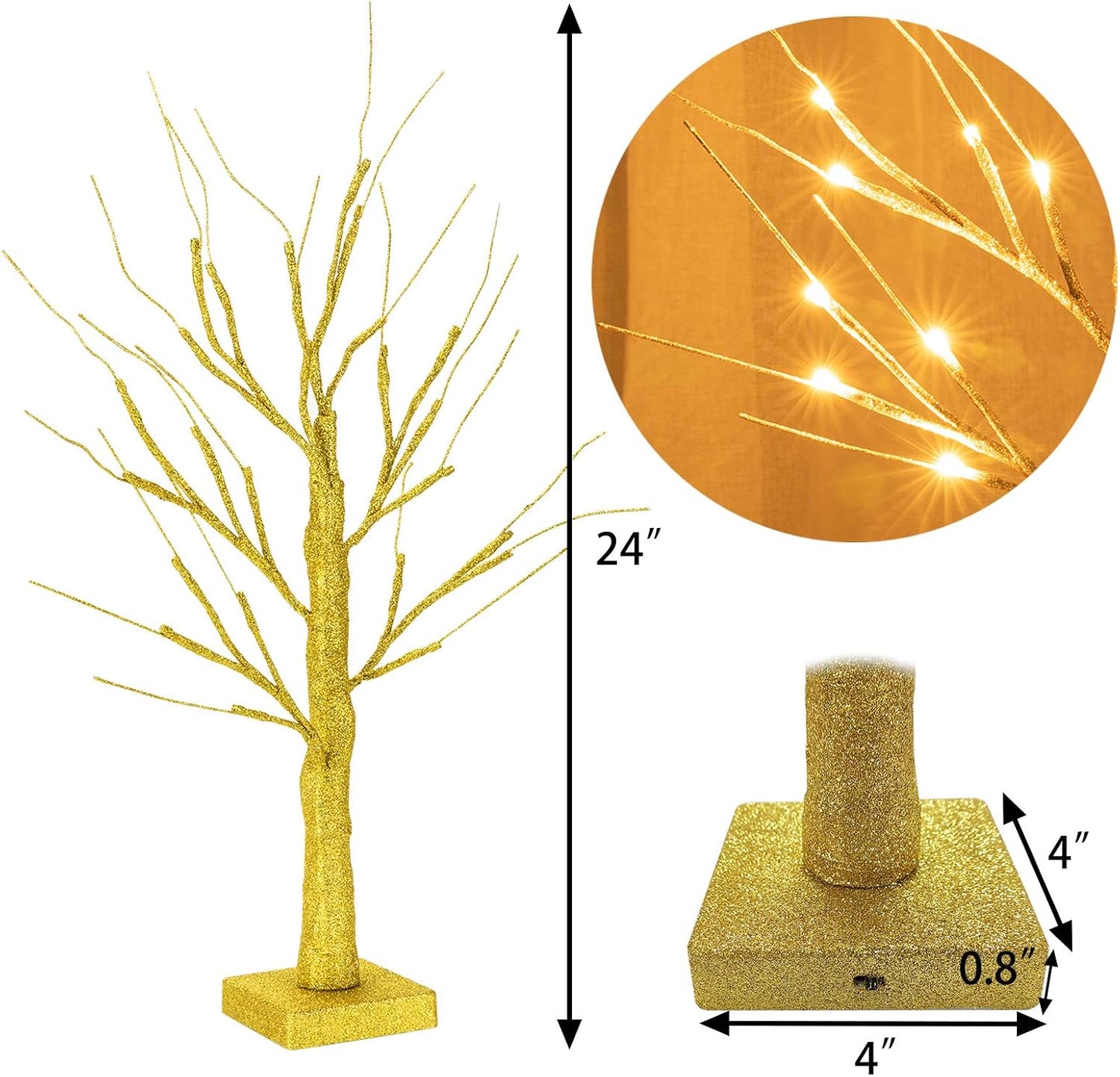 Sunnyglade 2PCS 2Ft 24 LED Birch Tree Light Fairy Tree Bonsai Tree Light Warm White for Home Wedding Festival Party Christmas Decoration (Golden)