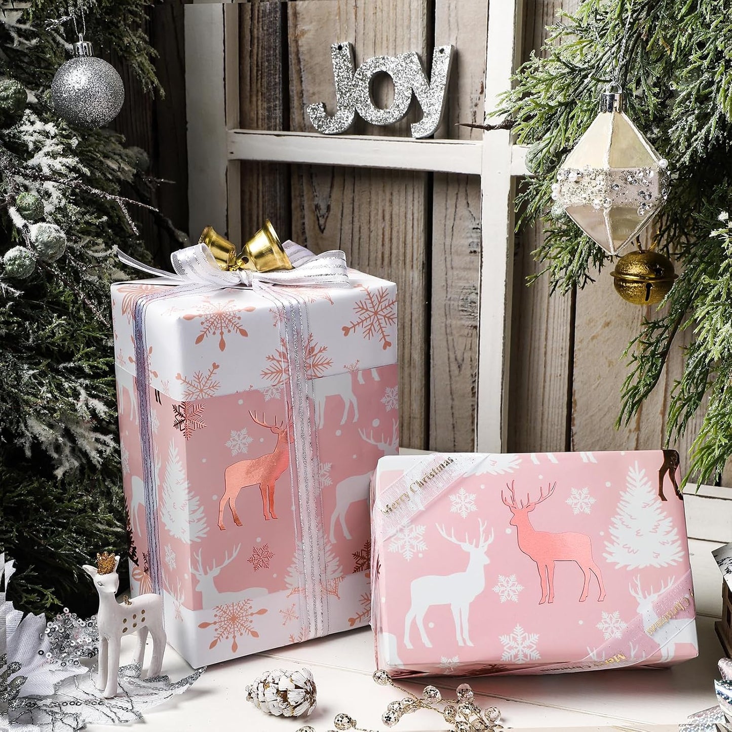 LeZakaa Christmas Pink Wrapping Paper Jumbo Roll, Reindeer & Snowflake, Metallic Foil, Rose Gold Foil Reversible Design for Festive Winter Holiday, Family Gathering, 30 inches x 100 Feet