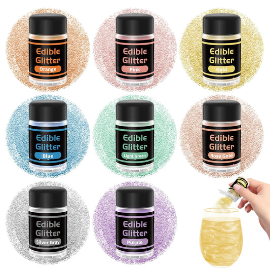 JIUPIN Edible Glitter - 8 Colors Luster Dust Edible, Edible Glitter Powder, Food Grade Cake Decorating Shimmering Glitter for Drinks, Chocolate, Candy, Chocolate - 3g/bottle