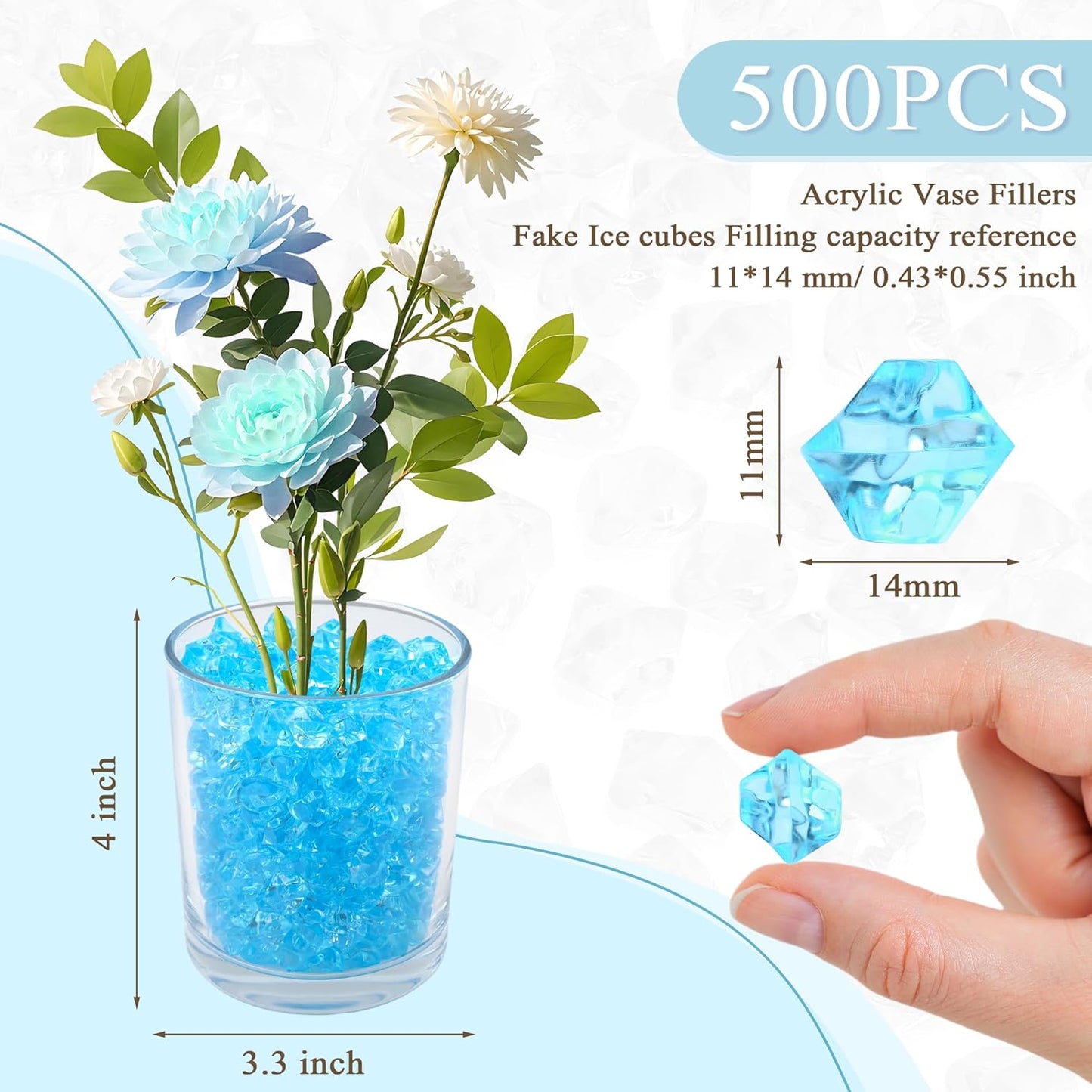 YATOJUZI 500pcs Fake Ice Cubes Aqua Blue Acrylic Crushed Rocks Vase Fillers Plastic Diamonds Gems for DIY Party Wedding Centerpiece Table Scatter Prop Display 0.5" (Only Aqua Blue)
