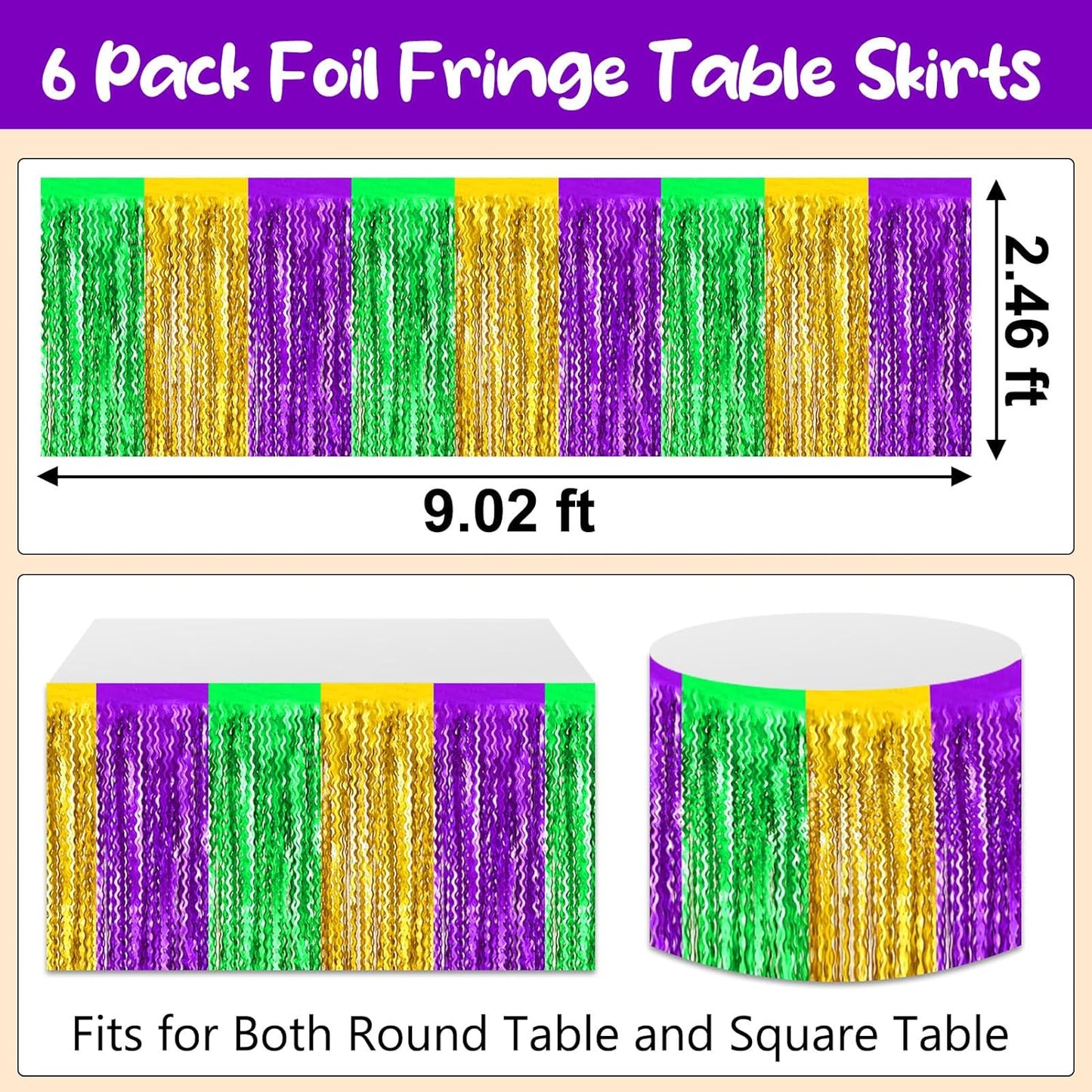 6 Pack 29 x108 Inch Gold Green Purple Wave Foil Fringe Table Skirts Metallic Banner for Tinsel Streamer Garland Backdrop for Parade Floats, Mother's Day, Easter, Wedding, Birthday Party Decoration