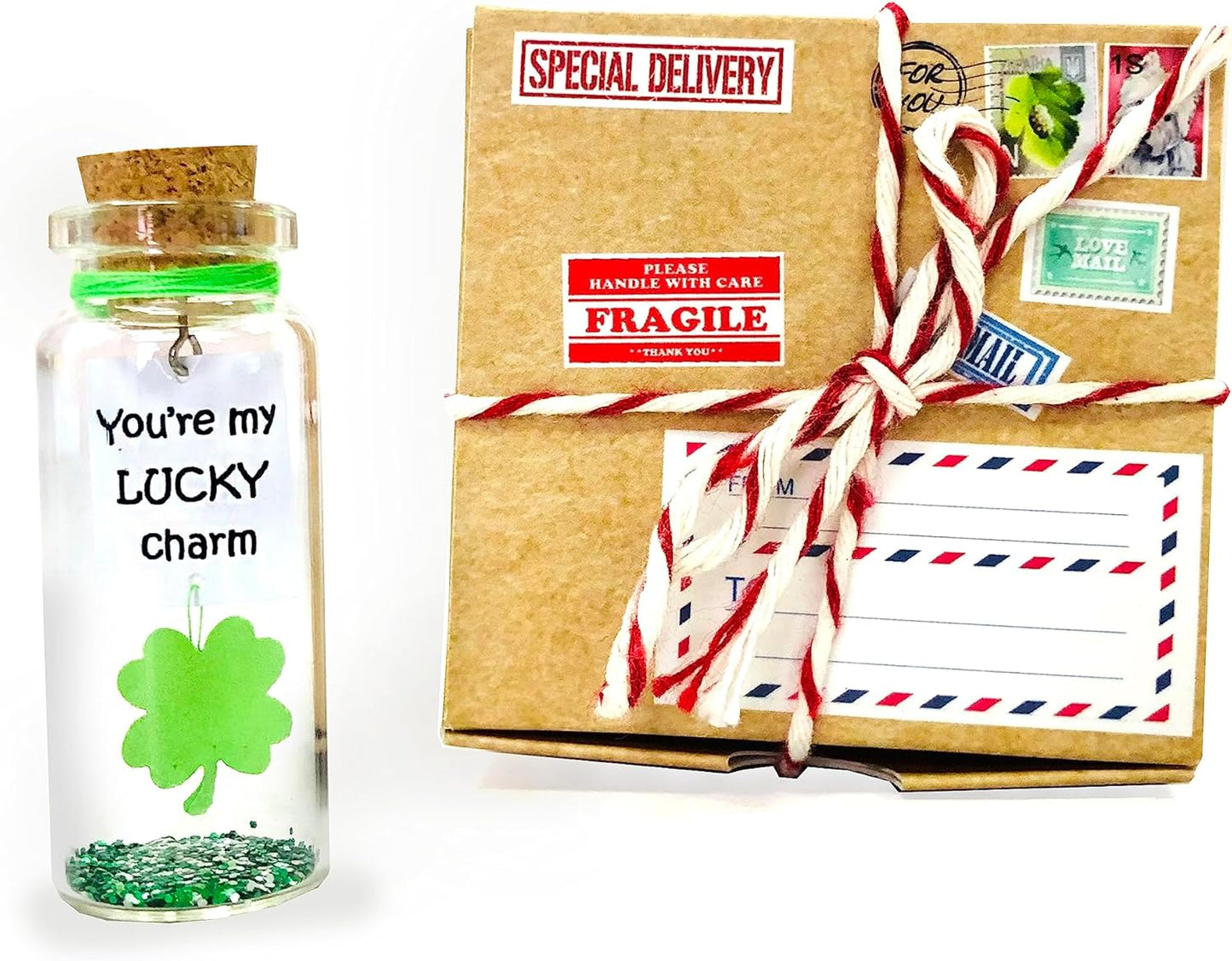 Kseniya Revta Inspirational Message in a Bottle Gift Idea - Classy Gifts for Friends and Family - Unique Boyfriend Girlfriend Presents (Green Clover - You're My Lucky Charm, in Craft Gift Box)