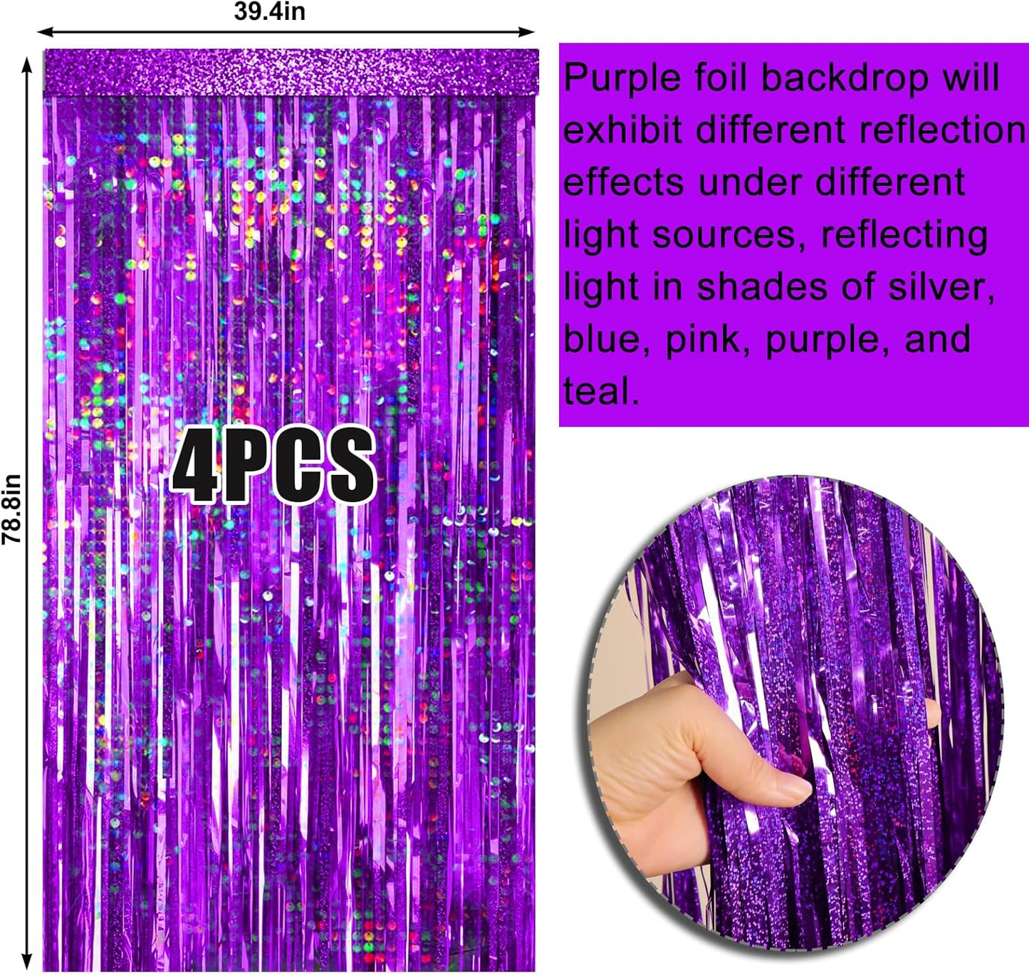 4 Packs Purple Foil Fringe Curtain, Purple Glitter Metallic Tinsel Backdrop for Birthday, Wedding, Baby Shower, Princess Bachelorette Christmas New Year Party Decorations Supplies