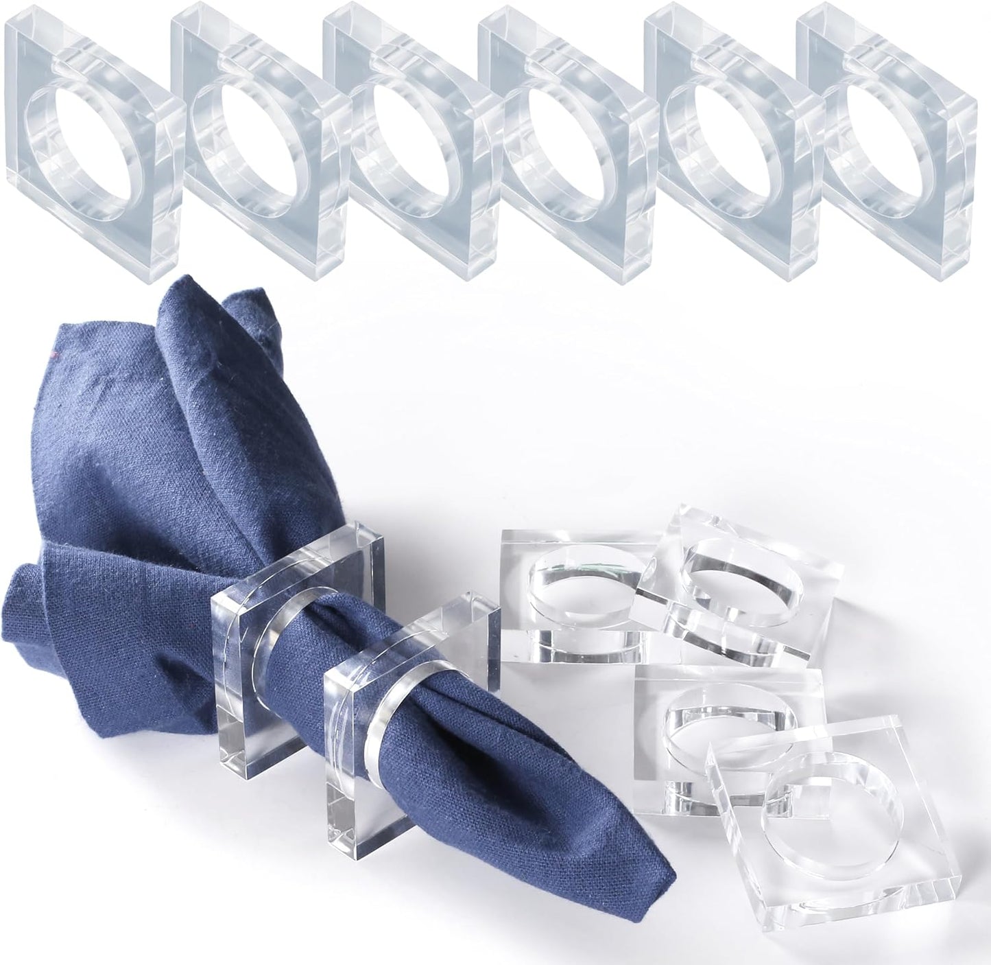 Acrylic Set of 12 Square Beveled Napkin Ring - Cloth Napkin Rings Serviette Buckles for Wedding, Birthday, Banquet, Table Décor, Home Décor, Gifting (Transparent) - CLEENTABLE