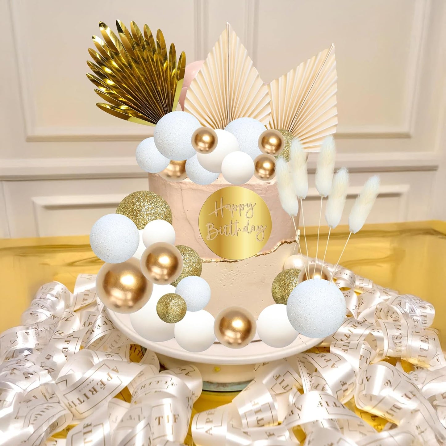 Ephlyn 33 Pack Balls Cake Toppers Boho Palm Leaves Cake Decorations Round Acrylic Happy Birthday Cupcake Toppers for Birthday Wedding Baby Shower Party Supplies Gold White