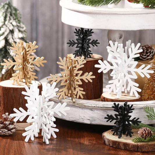 Bucherry 12 Pcs Wooden Snowflake Table Decor 3D Snowflake Tabletop Signs and Centerpiece for Christmas Xmas Winter Wonderland Decorations Home Party(White, Gold, Black)
