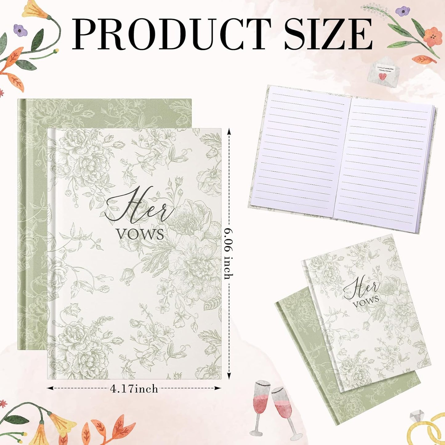 Set of 2 Vow Books His and Hers, Wedding Vow Books (6.06x4.17) Wedding Keepsake Essentials Elegant Bridal Shower Ceremony Gift Elopement Essentials(Green,Floral)