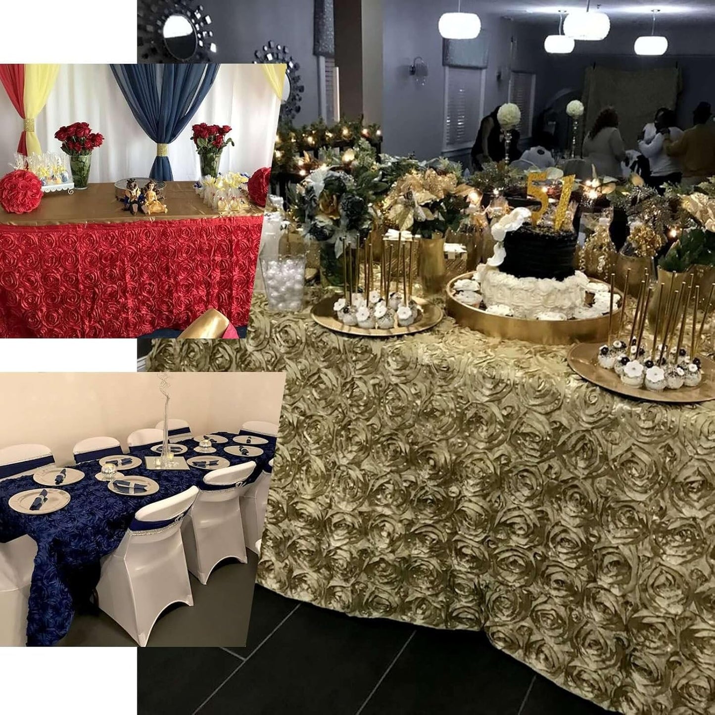 Efavormart 90"x156" Wholesale Rectangle Table Cover Royal Blue Grandiose Rosette 3D Satin Tablecloth for Wedding Party Event